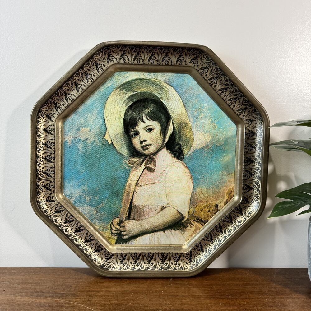 Vintage Octagonal Metal Tray Wall Hanging Decor Little Girl in Bonnet Rococo